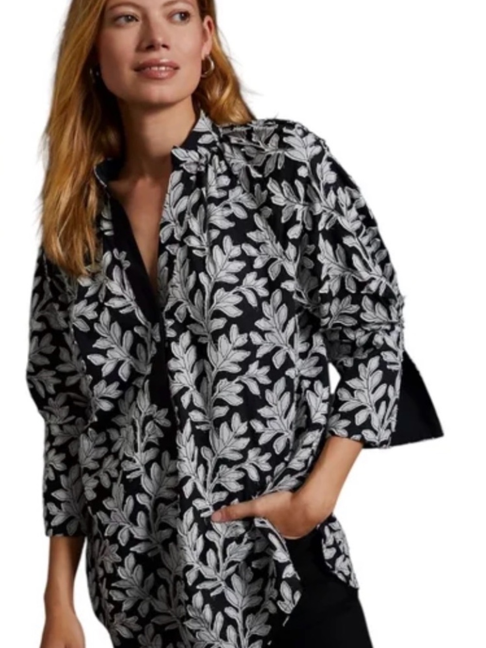 ANTHROPOLOGIE Popover Blouse with White Leaf Embroidery